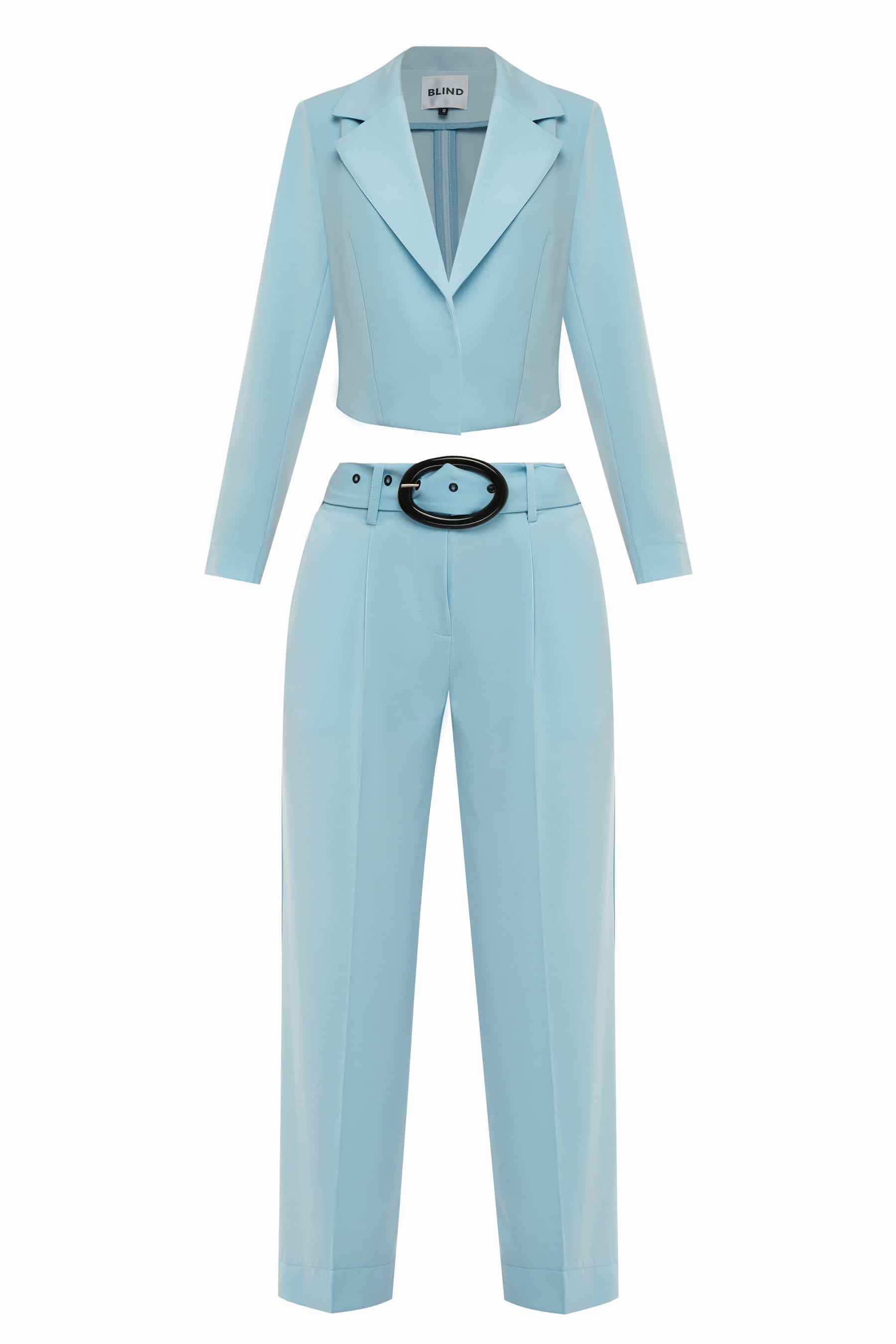 Light blue trouser suit with a cropped blazer and a belt included